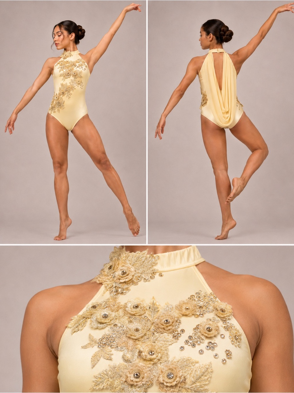 Glamour solo dance costume leotard pale yellow embellished rhinestone lace XSA